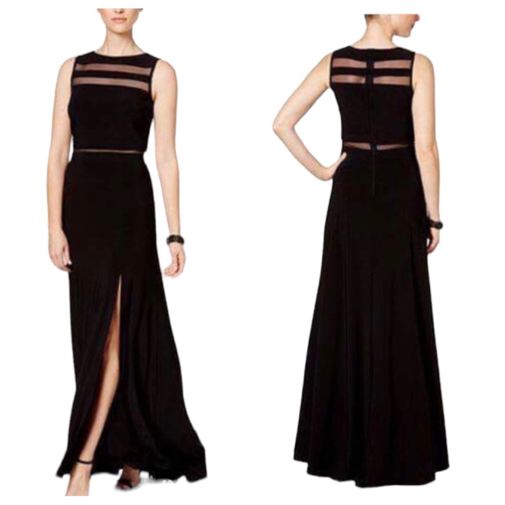 Nightway Front Slit Black Illusion Mesh Gown Long Dress Sleeveless 8P 6
